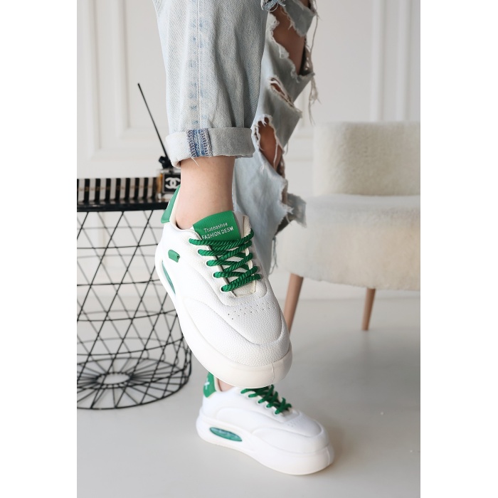 Chris Beyaz Cilt Yeşil Detaylı Bağcıklı Spor Ayakkabı - Lisinya