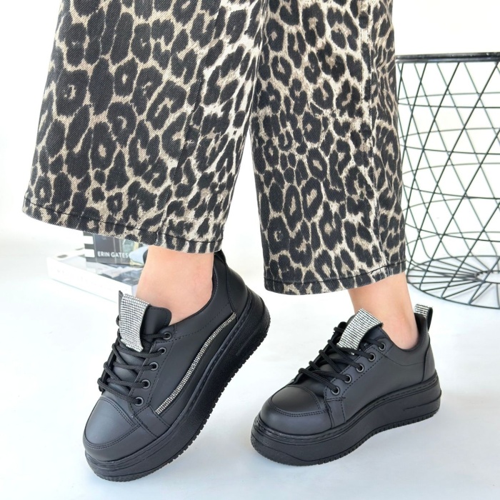 Leope Siyah Cilt Bağcıklı Spor Ayakkabı - Lisinya