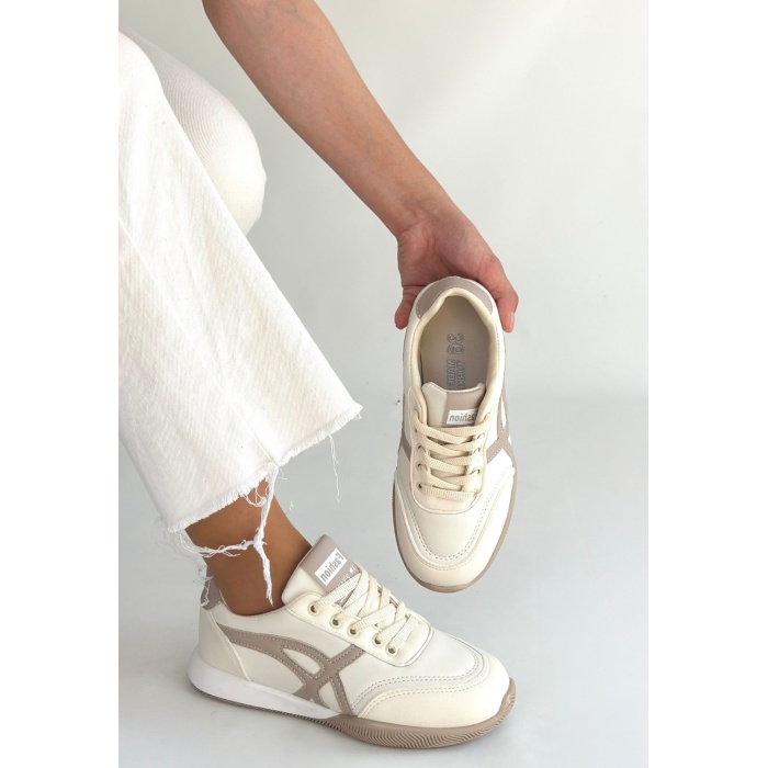 Zlay Bej Cilt Vizon Detaylı Bağcıklı Spor Ayakkabı - Lisinya