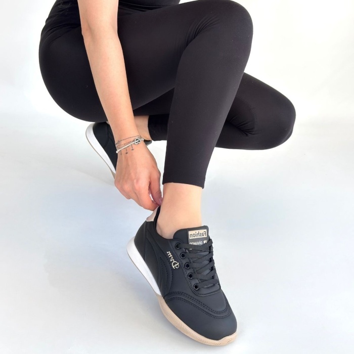 Tawen Siyah Cilt Bej Tabanlı Bağcıklı Spor Ayakkabı - Lisinya