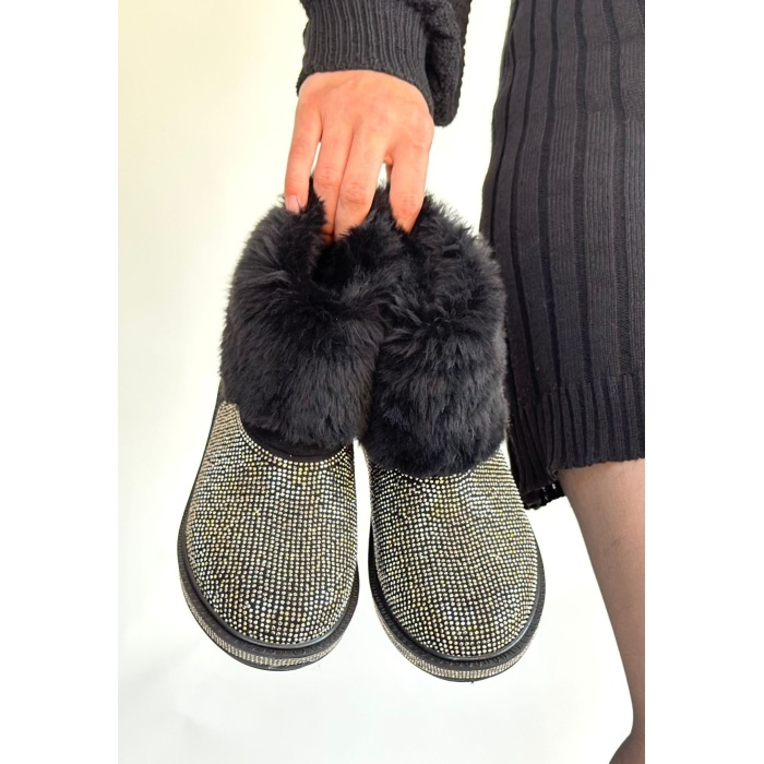 Linka Siyah Süet Gümüş Boncuk İşlemeli Bot - Lisinya