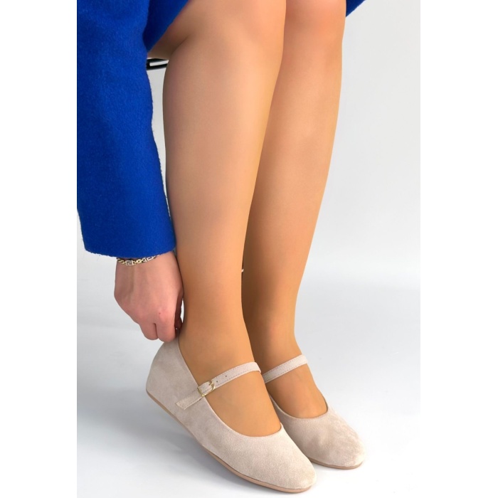 Lossa Bej Süet Kemerli Babet Ayakkabı - Lisinya