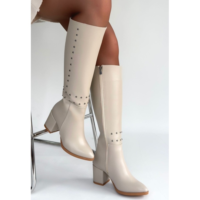 Tiyan Bej Cilt Topuklu Çizme - Lisinya
