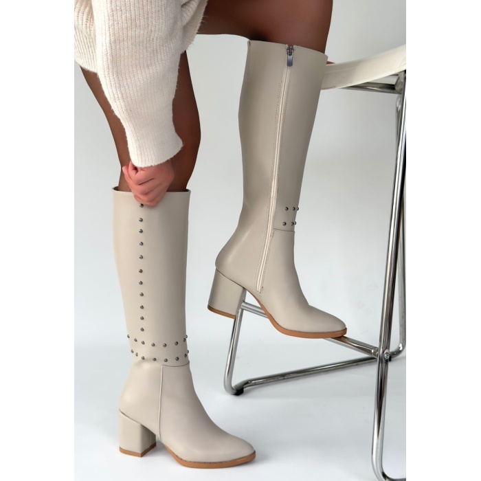 Tiyan Bej Cilt Topuklu Çizme - Lisinya