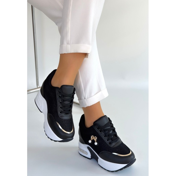 Wody Siyah Cilt Simli Bağcıklı Spor Ayakkabı - Lisinya