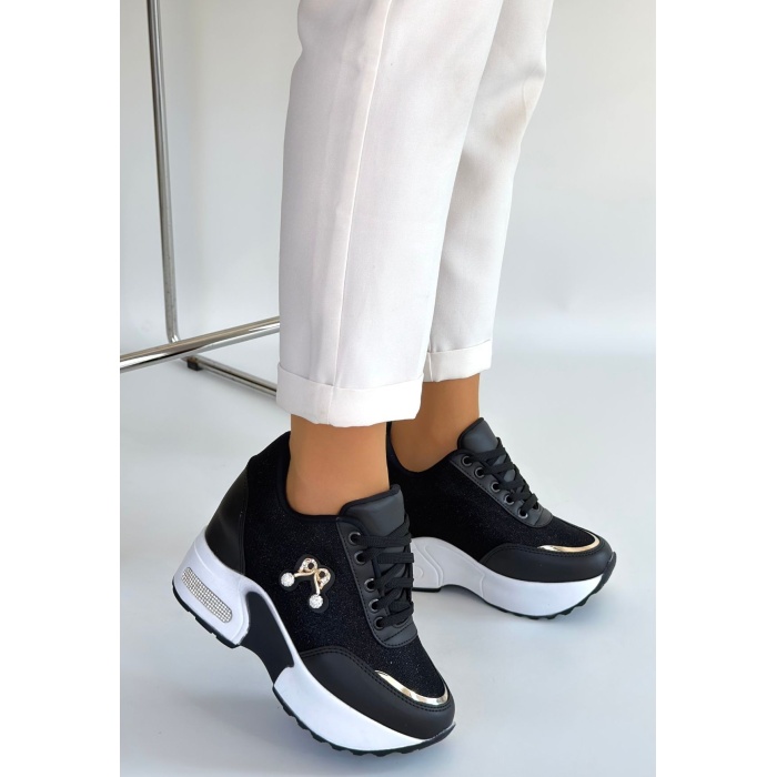 Wody Siyah Cilt Simli Bağcıklı Spor Ayakkabı - Lisinya