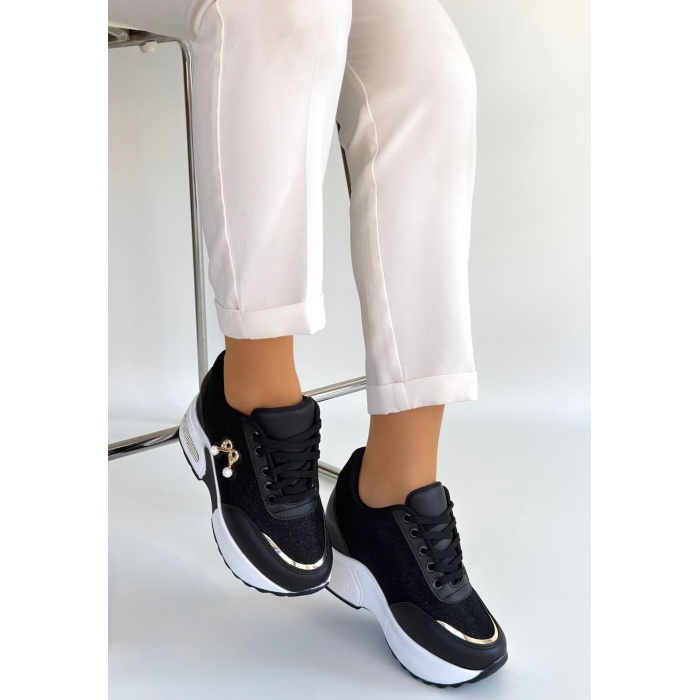 Wody Siyah Cilt Simli Bağcıklı Spor Ayakkabı - Lisinya