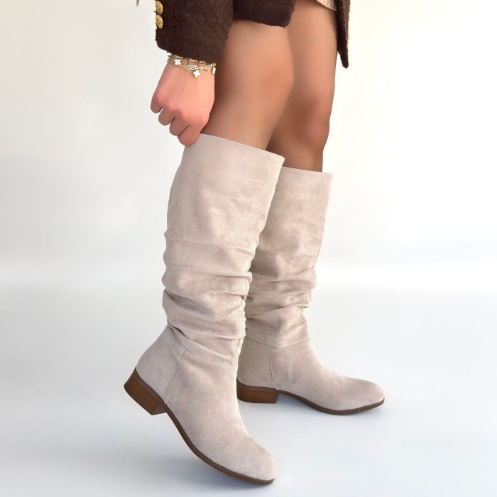 Winda Bej Süet Körüklü Topuklu Çizme - Lisinya