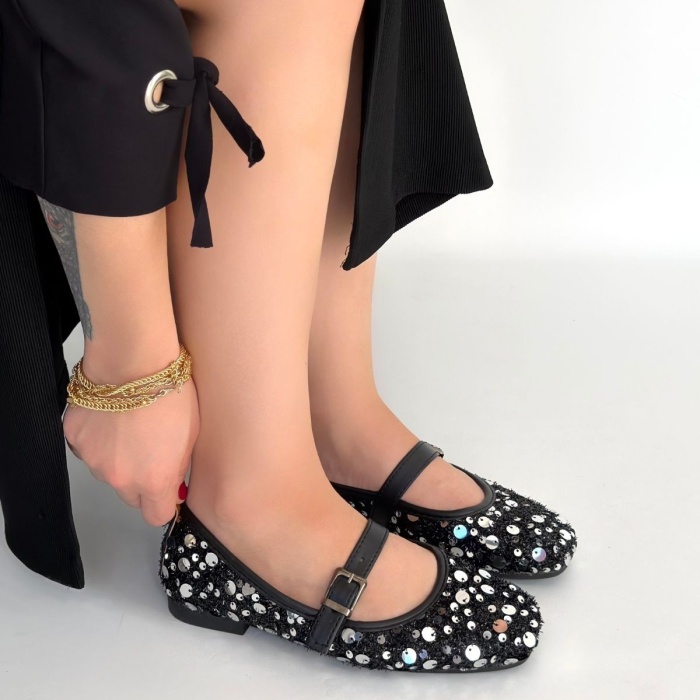 Zaty Siyah Süet Gümüş Pullu Babet Ayakkabı - Lisinya