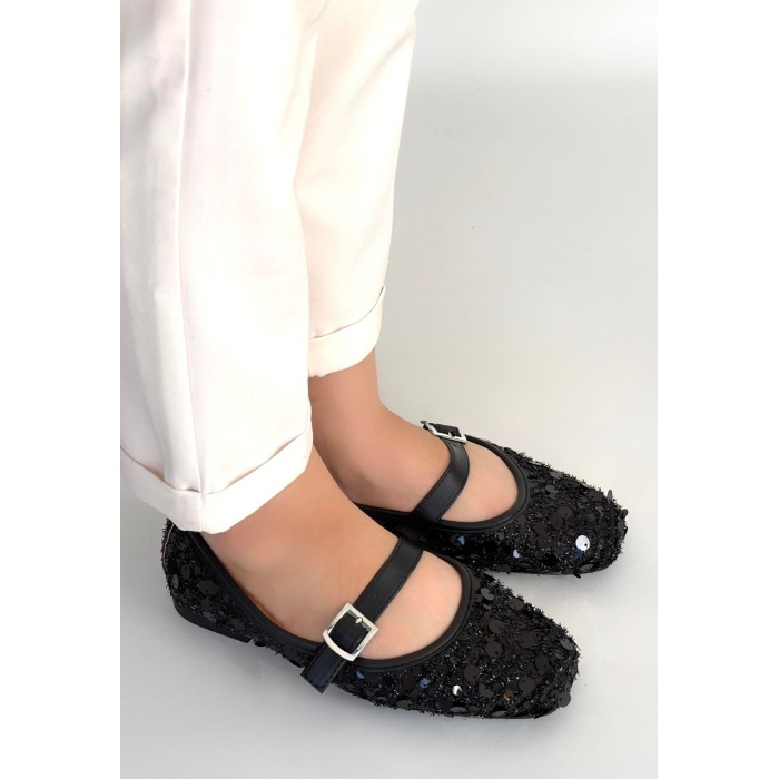 Zaty Siyah Süet Siyah Pullu Babet Ayakkabı - Lisinya