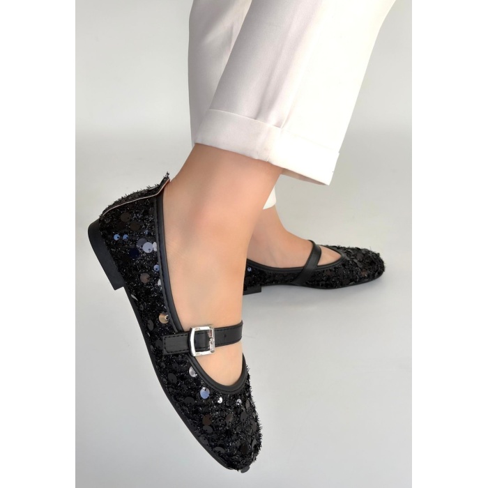 Zaty Siyah Süet Siyah Pullu Babet Ayakkabı - Lisinya