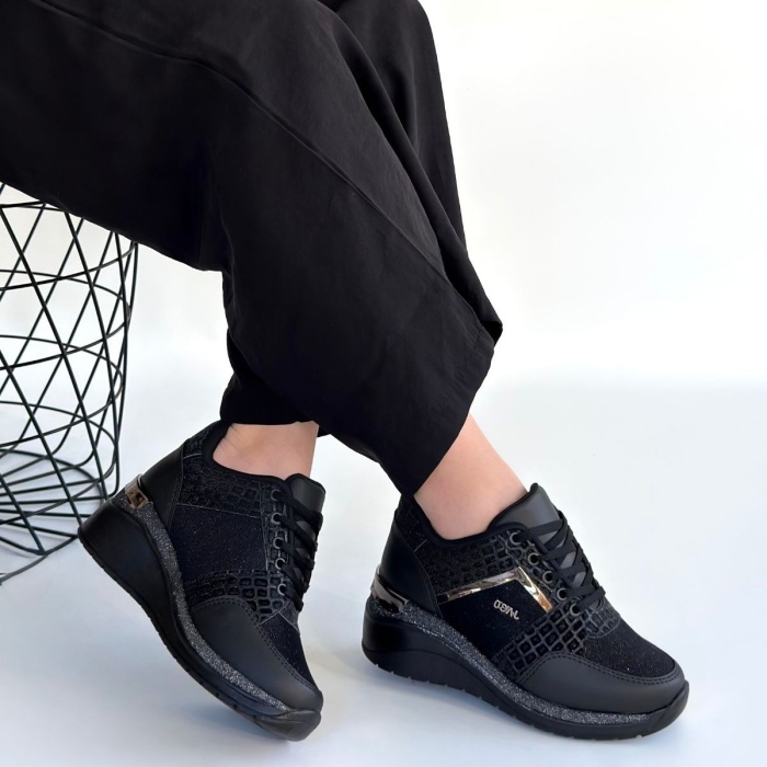 Geja Siyah Cilt Bağcıklı Spor Ayakkabı - Lisinya