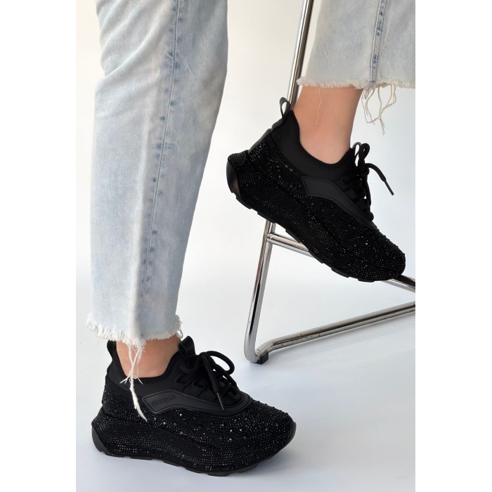 Rimay Siyah Cilt Boncuk İşlemeli Spor Ayakkabı - Lisinya