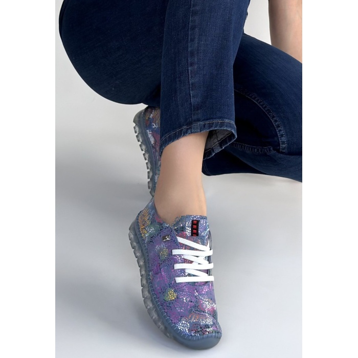 Kinte Mor Desenli Deri Bağcıklı Spor Ayakkabı - Lisinya