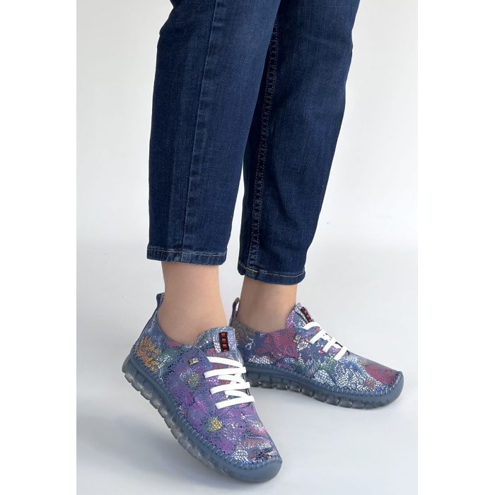 Kinte Mor Desenli Deri Bağcıklı Spor Ayakkabı - Lisinya