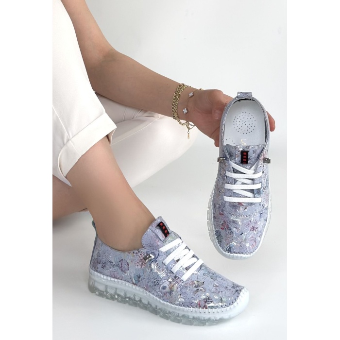 Kinte Lila Desenli Deri Bağcıklı Spor Ayakkabı - Lisinya