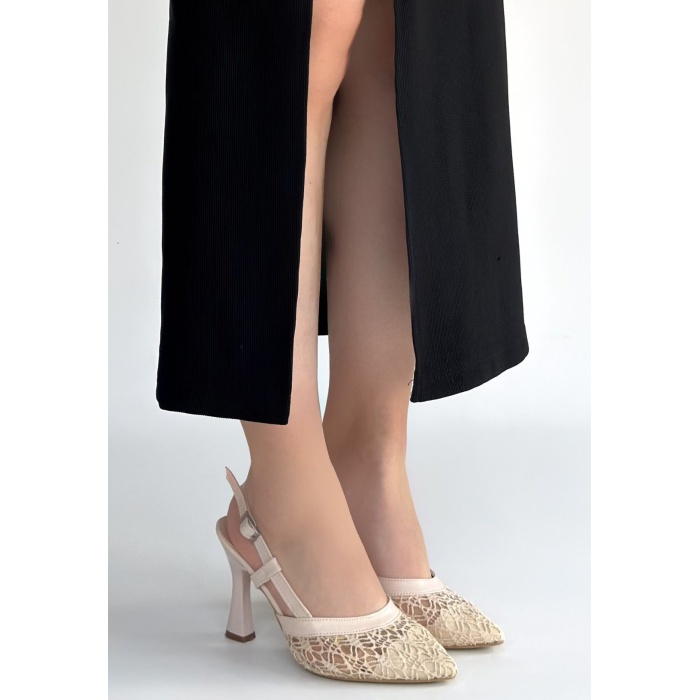 Ceta Bej Cilt Tül Detaylı Topuklu Ayakkabı - Lisinya