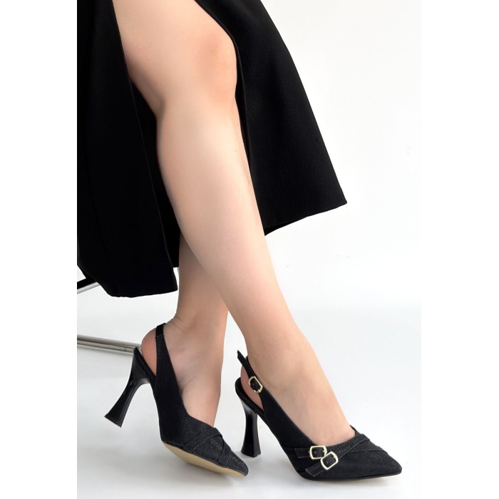 Jedda Siyah Simli Cilt Topuklu Ayakkabı - Lisinya