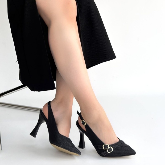 Jedda Siyah Simli Cilt Topuklu Ayakkabı - Lisinya