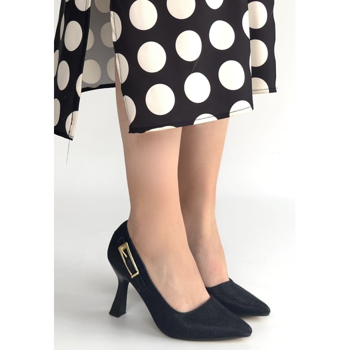 Cerin Siyah Saten Simli Topuklu Ayakkabı - Lisinya