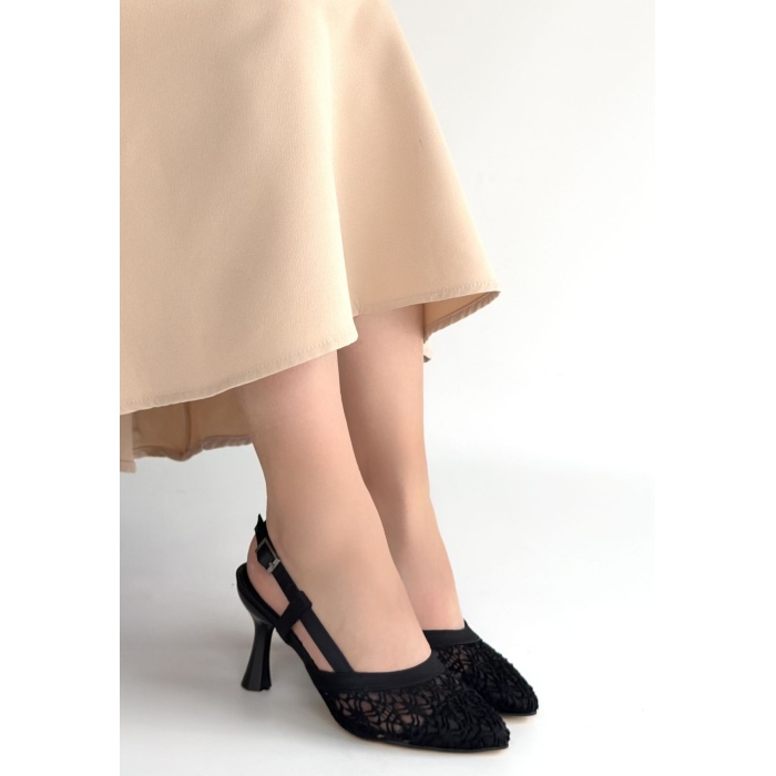 Ceta Siyah Cilt Tül Detaylı Topuklu Ayakkabı - Lisinya