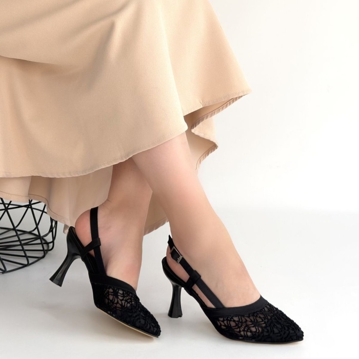 Ceta Siyah Cilt Tül Detaylı Topuklu Ayakkabı - Lisinya