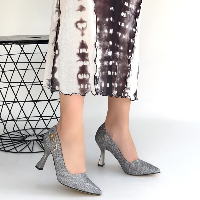 Cerin Gümüş Saten Simli Topuklu Ayakkabı - Lisinya