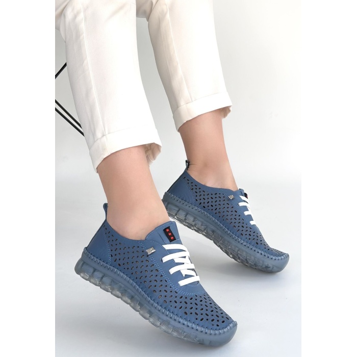 Otja Mavi Deri Lazerli Bağcıklı Spor Ayakkabı - Lisinya