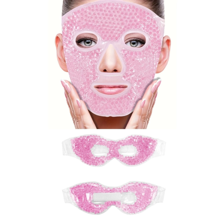 Terapi Jel Boncuklu Yüz ve Göz Maskesi Seti Pembe Sıcak ve Soğuk Kullanım ( Lisinya )