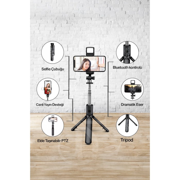 Led Işıklı Selfie Çubuğu Bluetooth Kumandalı Kablosuz Tripot Selfie Monopod Selfie Stick ( Lisinya )