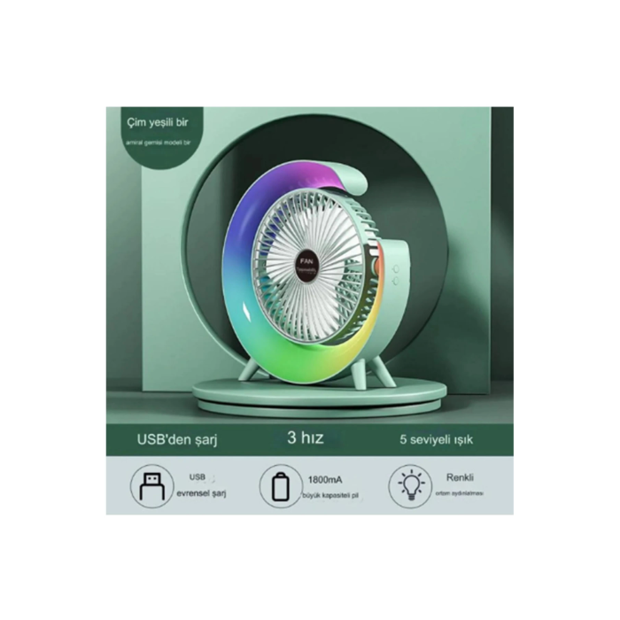 Masaüstü Vantilatör Usb Şarjlı Rgb Led Işıklı 3 Kademeli 180° Ayarlanabilir Soğutucu Fan Yeşil - Lisinya