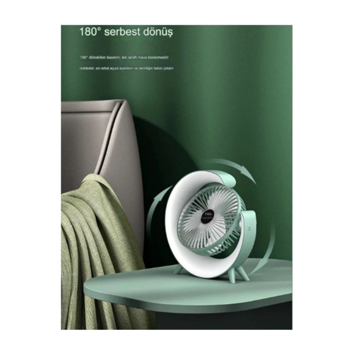 Masaüstü Vantilatör Usb Şarjlı Rgb Led Işıklı 3 Kademeli 180° Ayarlanabilir Soğutucu Fan Yeşil - Lisinya