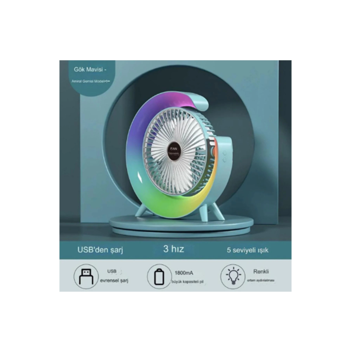 Masaüstü Vantilatör Usb Şarjlı Rgb Led Işıklı 3 Kademeli 180° Ayarlanabilir Soğutucu Fan Mavi - Lisinya