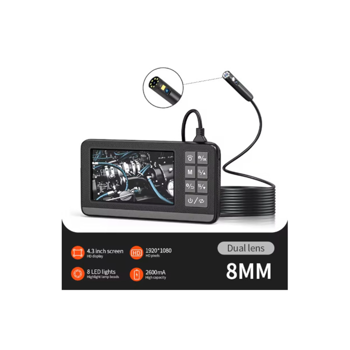 Ekranlı Çift Kameralı 10 Mt Sert Kablo Endoskop Kamera 8 Mm 4.3 Inc Hafıza Kart Destekli - Lisinya