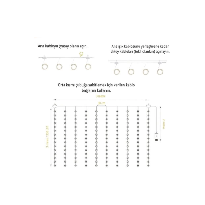 Lw-7 300 Ledli 10 Sarkıt Perde Led Işık, 8 Modlu Uzaktan Kumandalı, 3x3 Metre Peri Telli Led - Lisinya