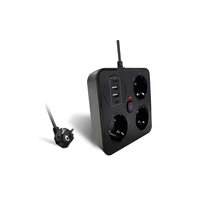 Akım Korumalı Anahtarlı Priz - 3x Priz - 2x Usb - 2x Type-c - 2 Mt Kablo Hızlı Şarj Özellikli Siyah - Lisinya