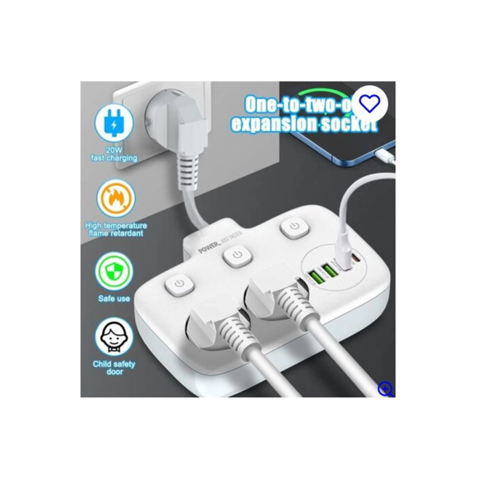 Akım Korumalı 2’li Ayrı Anahtarlı Priz, 2x Priz, 3x Usb, 1x Type-c, 2 Mt Kablo, Hızlı Şarj - Lisinya