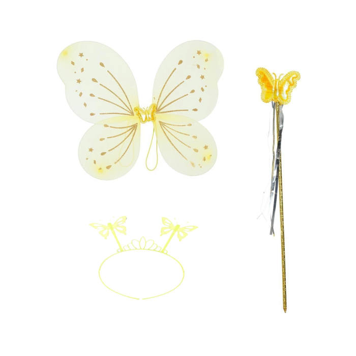Sarı Kelebek Erkek-kız Seti – 50 Cm Kelebek Kanadı, Taç Ve Asa - Lisinya
