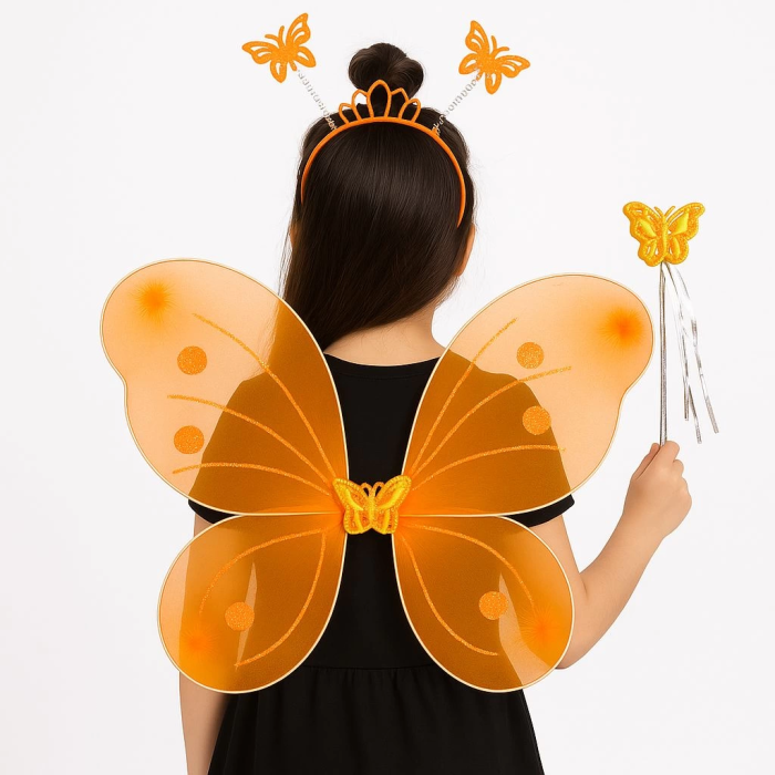 Turuncu Kelebek Kız Seti – 50 Cm Kelebek Kanadı, Taç Ve Asa - Lisinya