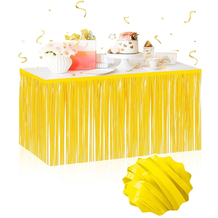 Kendinden Yapışkanlı Makaron Sarı Püsküllü Masa Eteği – 75 X 275 Cm Parti Süslemesi - Lisinya