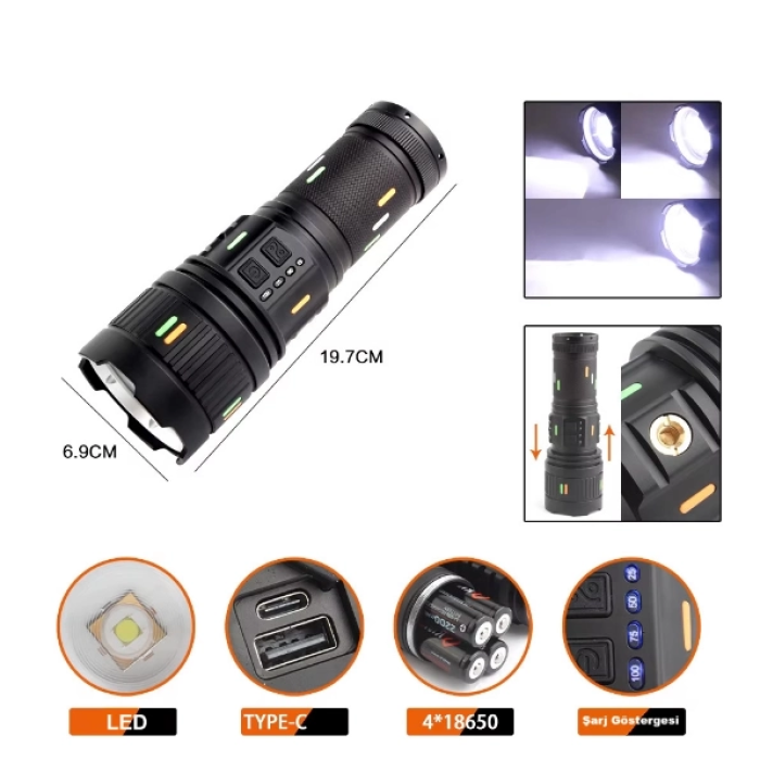 Pro F-3001 Alüminyum Tg Led Güç Göstergeli Type-c Şarjlı El Feneri 100 W - Lisinya
