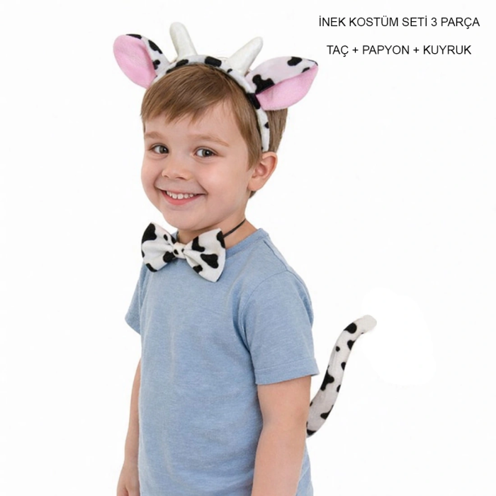 İnek Kostüm Aksesuar Seti 3 Lü - Taç Papyon Kuyruk - Lisinya