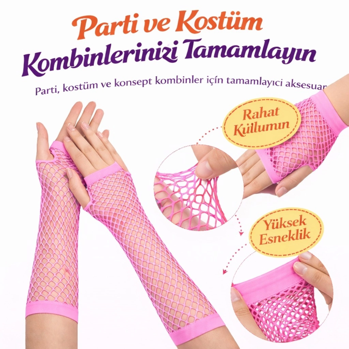 80’ler 90’lar Retro Neon Pembe File Parmaksız Eldiven 26 Cm - Lisinya