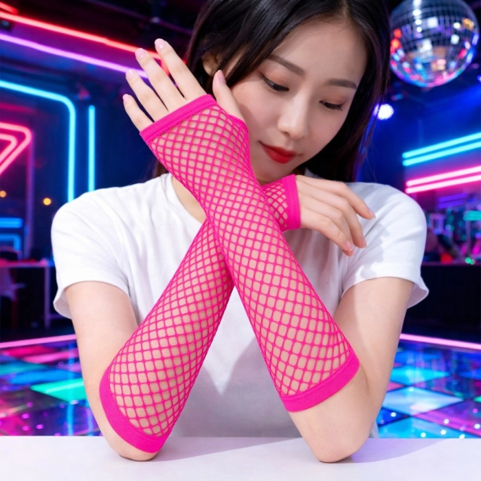 80’ler 90’lar Retro Neon Fuşya Şeker Pembesi File Parmaksız Eldiven 26 Cm - Lisinya