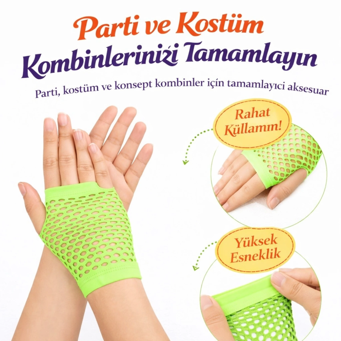 80’ler 90’lar Retro Neon Yeşil File Parmaksız Kısa Eldiven 11 Cm - Lisinya