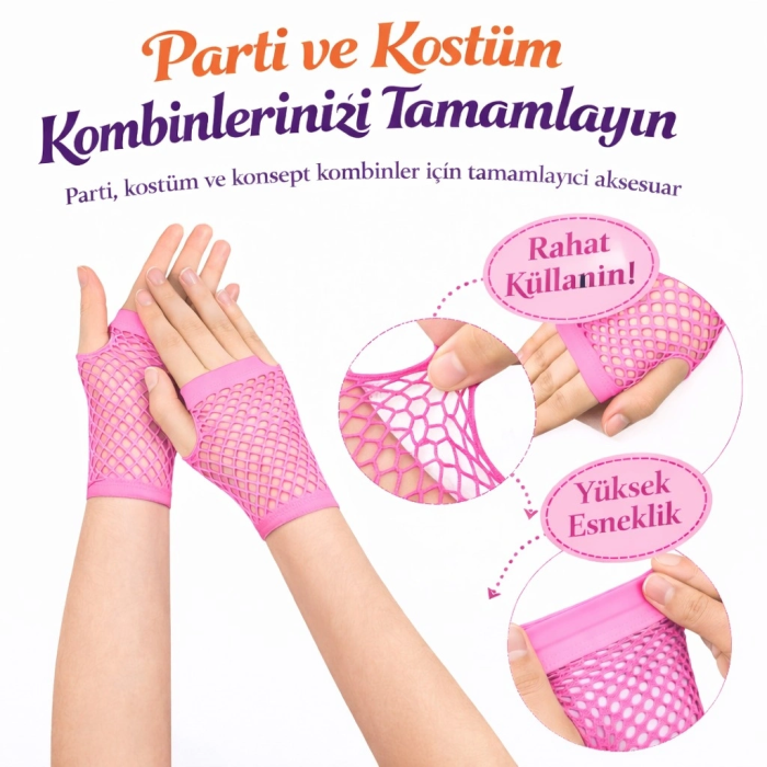 80’ler 90’lar Retro Neon Pembe File Parmaksız Kısa Eldiven 11 Cm - Lisinya