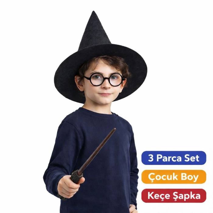 Harry Potter Tarzı Çocuk Seti (siyah Keçe Şapka, Asa, Gözlük) - Lisinya