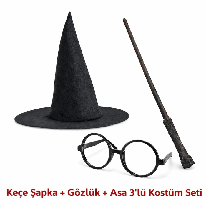 Harry Potter Tarzı Çocuk Seti (siyah Keçe Şapka, Asa, Gözlük) - Lisinya