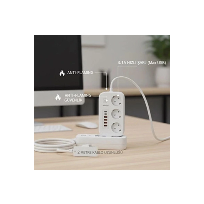  akım Korumalı Priz Ve Masaüstü Şarj İstasyonu Kablosuz 3 Priz ,4 Usb, 2 Type-c Girişli 2 Metre - Lisinya