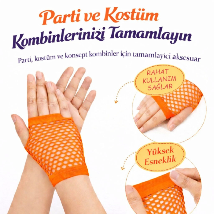 80’ler 90’lar Retro Neon Turuncu File Parmaksız Kısa Eldiven 11 Cm - Lisinya